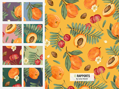 Fruit pattern with apricots and cherries. apricots baby fashion cherry fabric design fabric print fruit pattern illustration kids pattern pattern design seamless pattern surface pattern textile design tropical