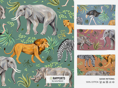 Pattern "Safari". Fabric design for kids. animals baby child elephant fabric print illustration kid lion pattern design rhinoceros safari seamless pattern surface pattern textile design tropical