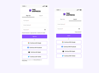 Sign Up and Log in Page app design ui ux