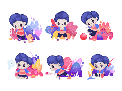Playing boy set illustration adorable boy cartoon character cute draw illustration isolate kid kids play poses sell ui vector