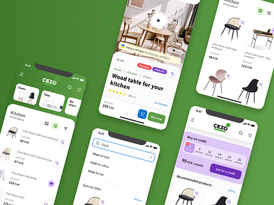 Furniture eCommerce Mobile Application buttons chairs collor column view components credit design design system fields furniture ios list view mobile app pallete product page products search slider typography ui design