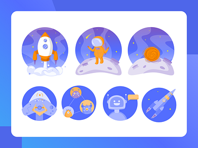 Space icons and illustrations 2d alien astronaut astronomy blue cosmonaut icons moon planet rocket science space spaceship technology ui vector