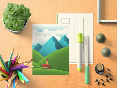 Postcard illustration design flat illustration landscape mountains postcard vector