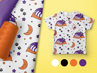 Cute pattern with raccoon baby clothes cloth design flat illustration moon orange pattern print purple raccoon stars vector