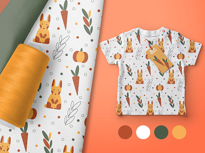 Cute light pattern with rabbit baby clothes carrot cloth design flat illustration orange pattern print pumpkin rabbit vector white