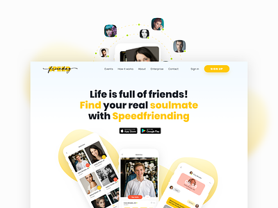 SpeedFriending.com — Find your real soulmate with our app app application ux ui branding call to action chat concept cta dailyui friends gps landing page design matches prototype saas saas design soulmate speedfriending swipe right ui website concept