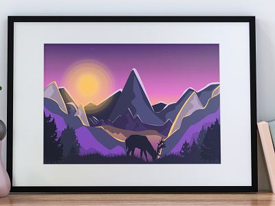 poster. flat illustration animals deer design flat graphic design illustration landscape minimal nature painting poster sunset the mountains vector дизайн