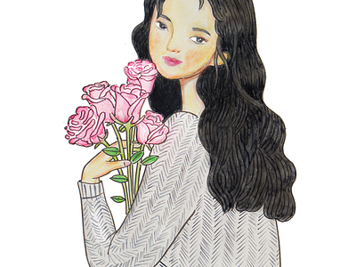 Rose Rose Rose bouquet dark hair girl gray sweater illustration love peace pink pink rose rose sweater