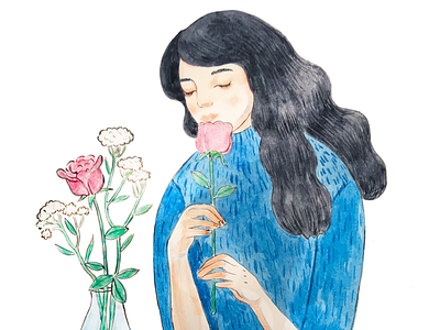 Smell rose sometimes! blue dark hair girl illustration rose sketch sweater watercolor winter