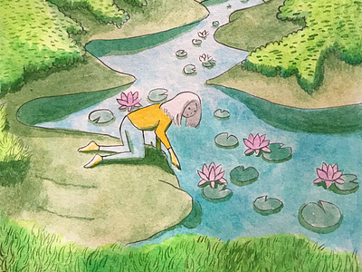 Reflection... girl green hill illustration mountain reflection river sketch water watercolor