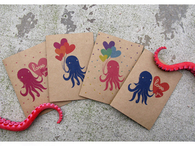 Happy Octopus Cards balloons birthday cute greeting card illustration love octopus party tentacle valentine