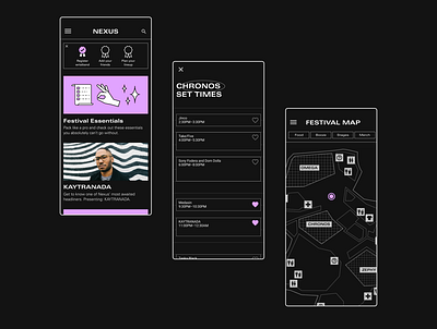 Nexus: Main Pages app dark ui design festival app figma home screen map mobile mobile ui schedule ui ux