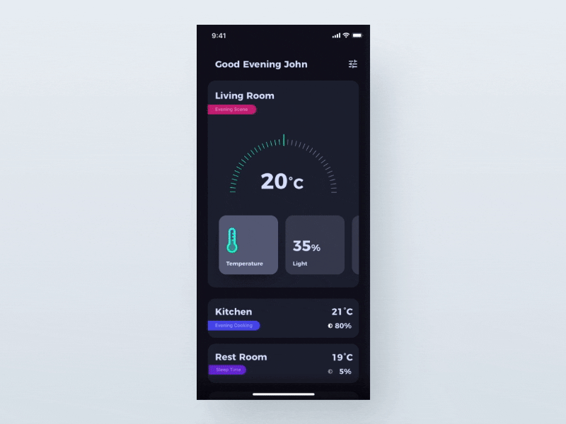 Smarthome Dashboard - Motion Design animation apple black chart dark dashboard home ios light motion smart temperature