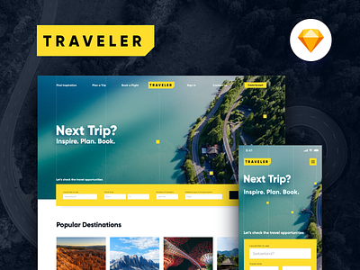 Traveler Web & Mobile Concept booking design system journey prime travel trip ui kit web web design yellow