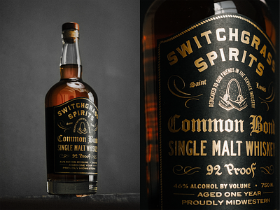 Common Bond Single Malt Whiskey x Switchgrass Spirits branding liquor brand packaging design print spirit label type typography