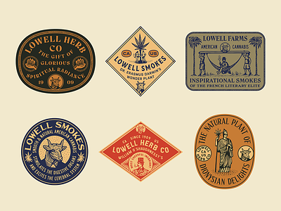 Lowell Herb Co Stickers badge badge design cannabis cannabis branding illustration patches stamps stickers type typography vintage type