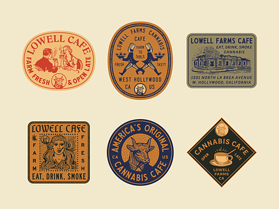 Lowell Cafe Stickers badge brand design branding cannabis custom type graphic illustration lowell farms typography vintage type