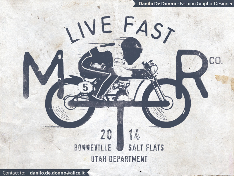 Live Fast Motor Co. vintage graphic motorcycle fashion illustration print apparel t-shirt design danilo de donno bonneville salt flats racing bikers hot wheels fast