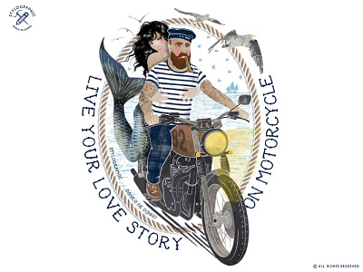 Love Story on Motorcycle anchor biker caferacer illustration mermaid motorcycle old navy sailor vintage