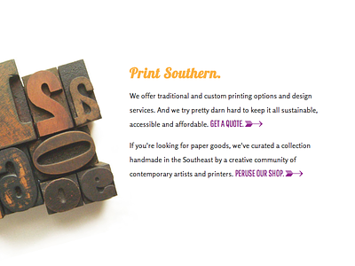 Print Southern. arrow cta letterpress lobster text type web