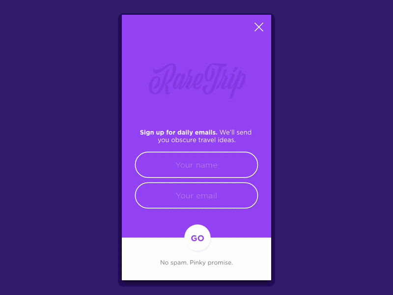 Daily UI :: 001 :: RareTrip animation dailyui form input prototype purple sign up suitcase trip ui