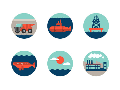 Ocean icons coal plant factory fishing illustration mine oil sea submarine truck vectorial whale