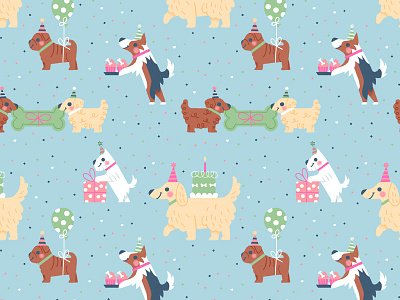 Puppy Party Pattern balloon birthday bone cake cute dog happy hat illustration party pattern puppy