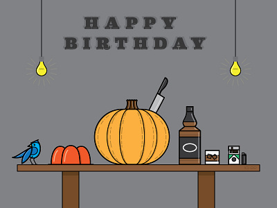 October Birthday bird birthday birthday card cigarettes creative design fun illustration jello lighter pumpkin whiskey