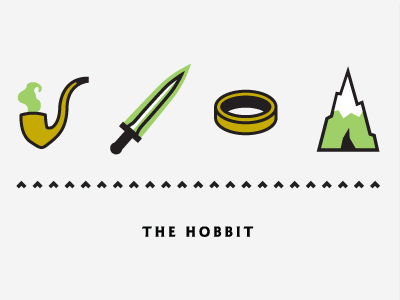 Hobbit 2 four icon challenge gold green hobbit icons illustration logos middle earth mountain pipe ring sword