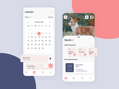 Pet Care Mobile App app calendar calendar ui delete design dog mobile app pet pet care pets ui ux vet