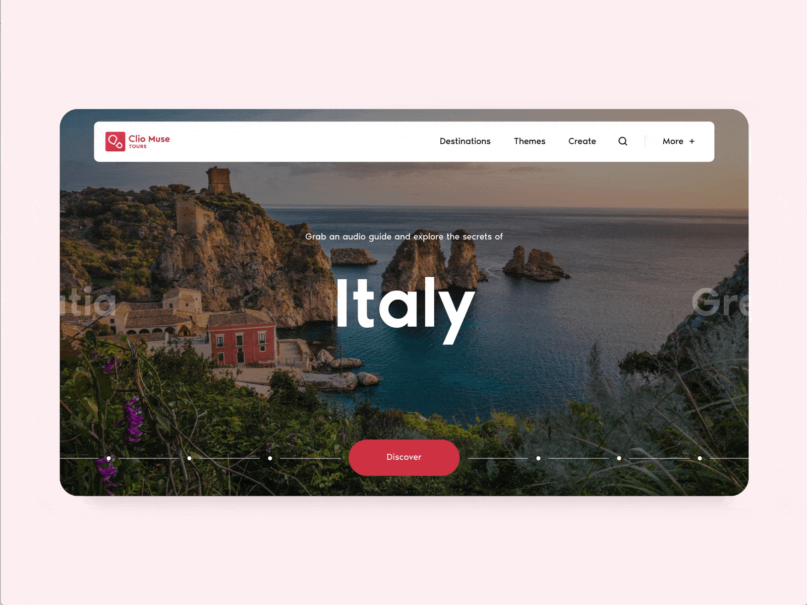 Countries carousel - Clio Muse Tours redesign concept animation audio guide audio tour carousel concept design hero section redesing tour travel trip ui uiux ux
