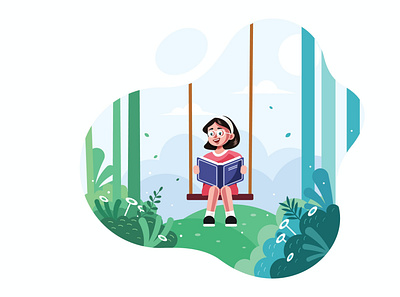 Cute girl swinging and reading a book branding design illustration illustration design vector