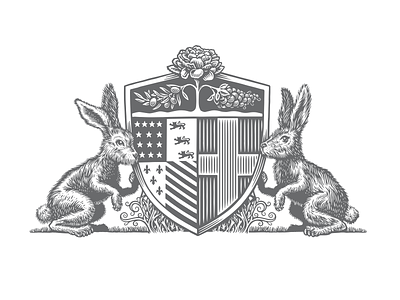 Silver Rabbit bunnies bw coatofarms design detroit grapes greece illustration logo olive branch rabbits scratchboard shield