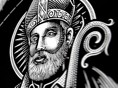 St. Augustine bw illustration patron saint scratchboard