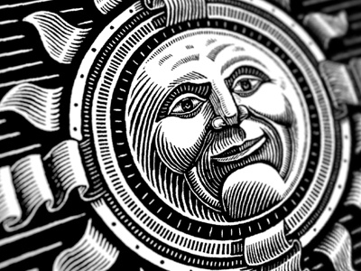 Sun God illustration scratchboard sun