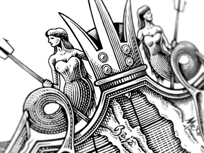 El Dorado crown illustration mermaid scratchboard trident