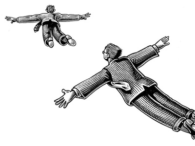 Leap of faith editorial illustration scratchboard