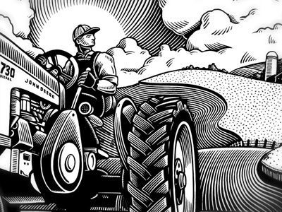 John Deere Mural farm farmer landscape mural scratchboard tractor wheat field