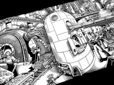 The Idea Factory black white factory heroic illustration industrial line art mural scratchboard
