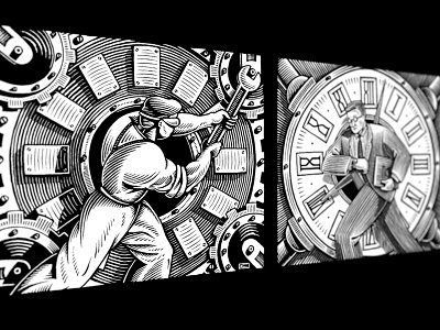 Time/Work bw illustration industrial time work