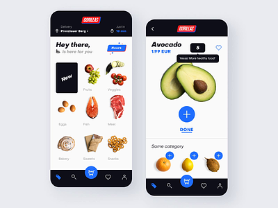 Gorillas — ordering groceries online animation app dark design flat food food and drink food app grocery ios minimalistic mobile ordering shop ui