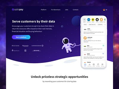 OptioPay Fintech Website app astronaut black cosmos design fintech graphic design illustration ios landing landing page minimalistic planet purple space stars startup ui universe web