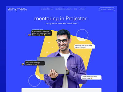 Prjctr Mentor's Platform blue bubbles character chat clean education graphic design header homepage landing landing page mentor minimal people ui ui design web web 3.0 web design website
