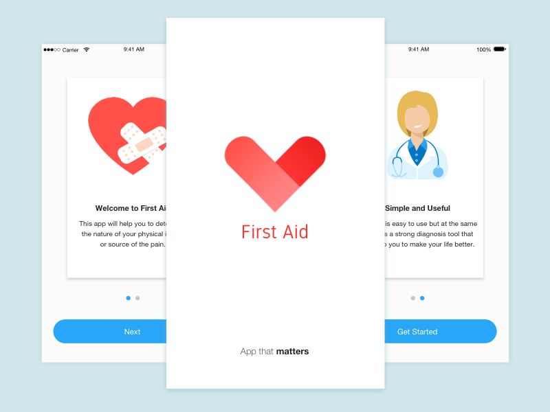 FirstAid Welcome Screens animation clean ehealth firstaid healthcare ios medical minimalistic mobile splash welcome white