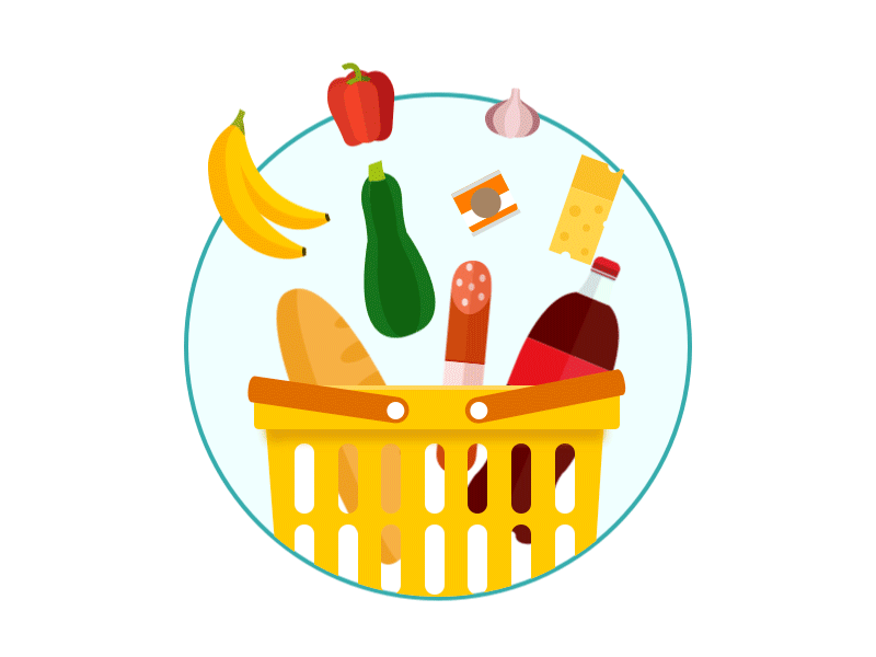 Groceries animation app bank basket finance groceries illustration mobile principle shopping transactions vegetables