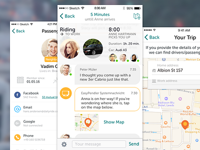 Daily Ride Screens app cars chat locations map mobile overview profile social transport trip ui