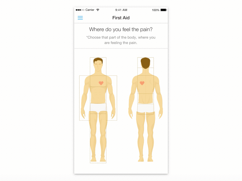 First Aid Pain Allocation animation app body health healthcare heart interaction ios medical minimalistic pain white