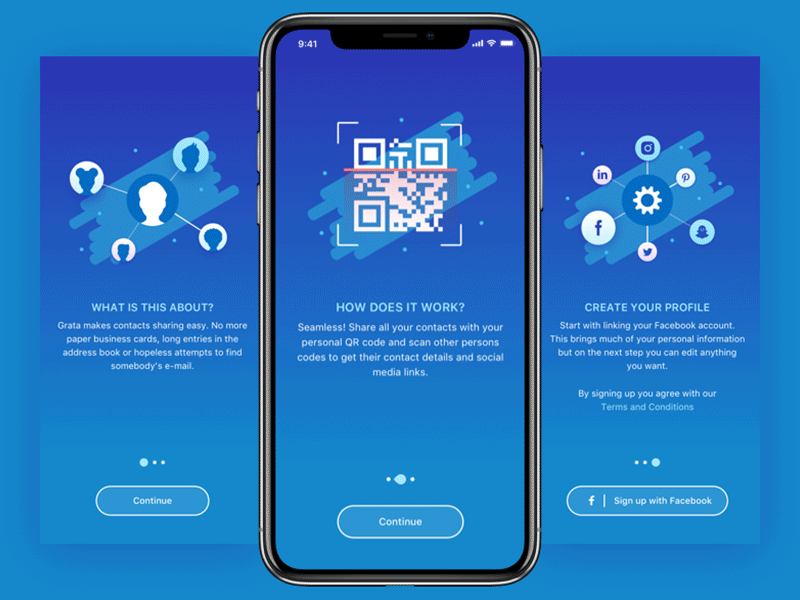 Gratus Onboarding Screens animation contacts ios iphone mobile networking onboarding qr sharing social ui ux