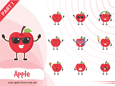 Illustration Of Cute Apple Fruit Set apple cartoon character design fruit funtoons illustration pose set tiny vector