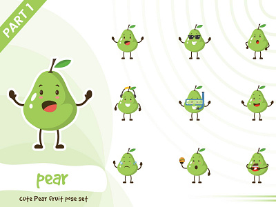 Illustration Of Cute Pear Fruit Set cartoon character design fruit funtoons illustration pear pose set tiny vector
